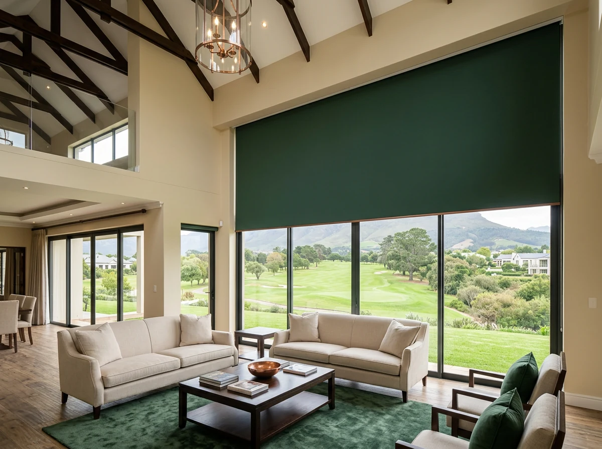 Roller blind concealed in a recessed ceiling pelmet above tall glass in an Erinvale Golf Estate double-volume living room