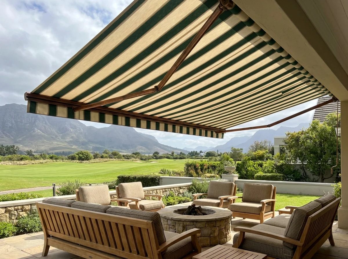Folding-arm awning extended over a patio entertainment area at an Erinvale Golf Estate home