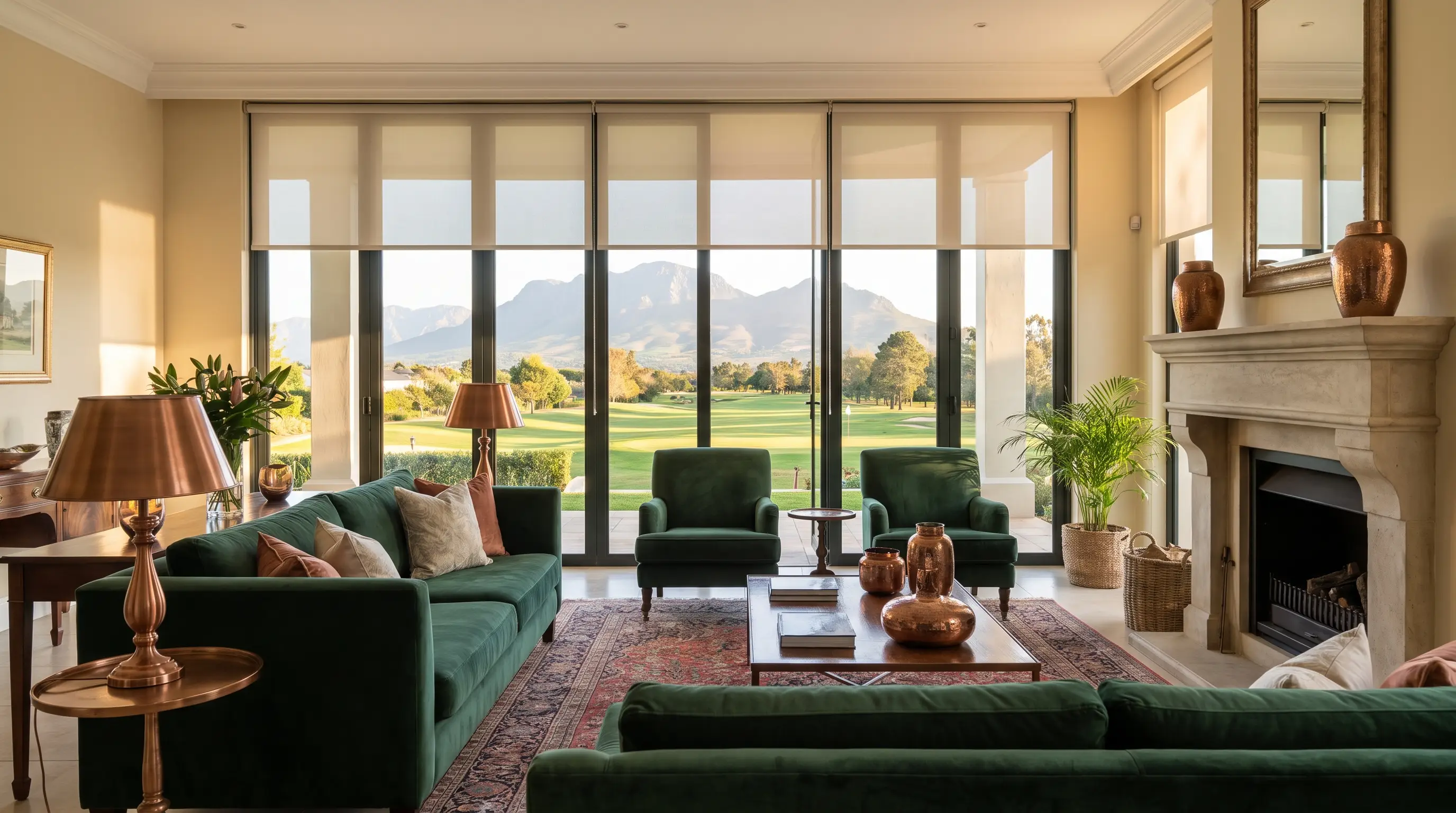 Living room in an Erinvale Golf Estate home with roller blinds partially lowered across floor-to-ceiling glass, fairway and Helderberg mountain beyond