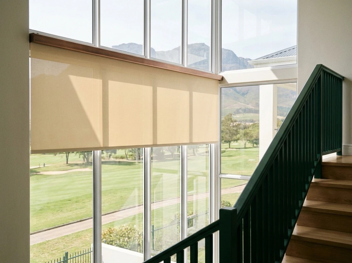 Motorised roller blind on an automated headrail above a double-volume stairwell in an Erinvale Golf Estate home