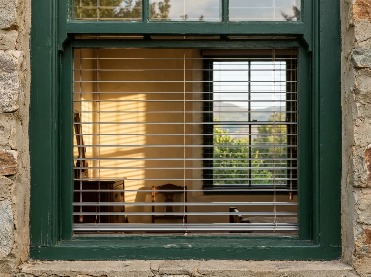 Aluminium venetian blind slats tilted to the afternoon sun in a Somerset West character home near Erinvale
